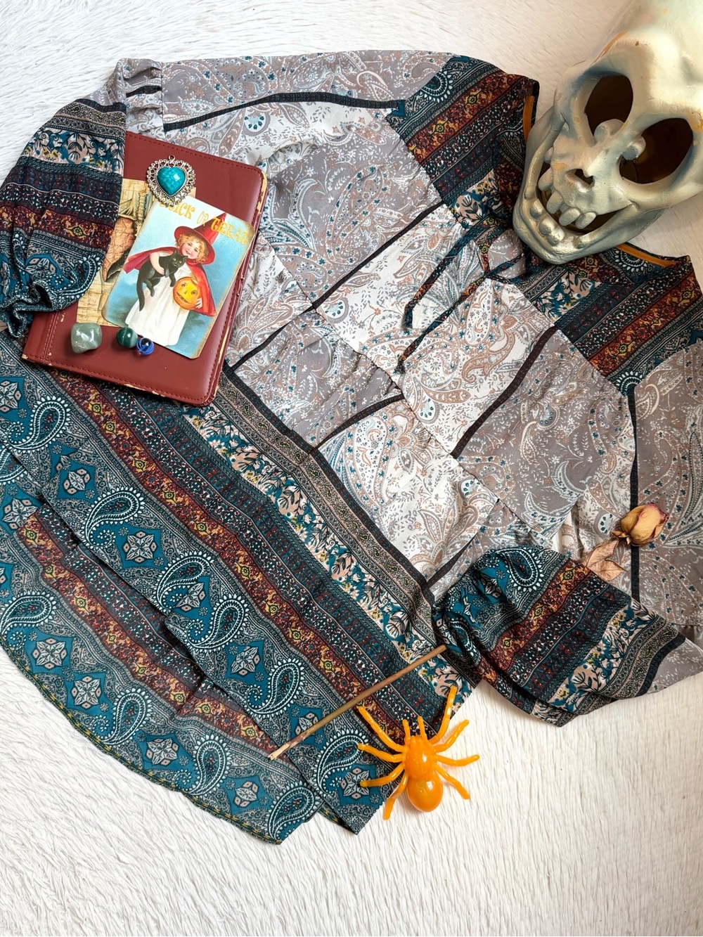 Knox Rose Teal and Cream Paisley print boho Tunic blouse - Picture 5 of 17